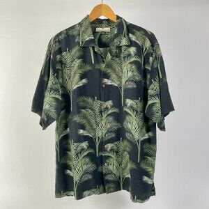 Tommy Bahama Silk Camp Shirt, Dark Grey With Green Tree/Leaf Print, Men’s Large